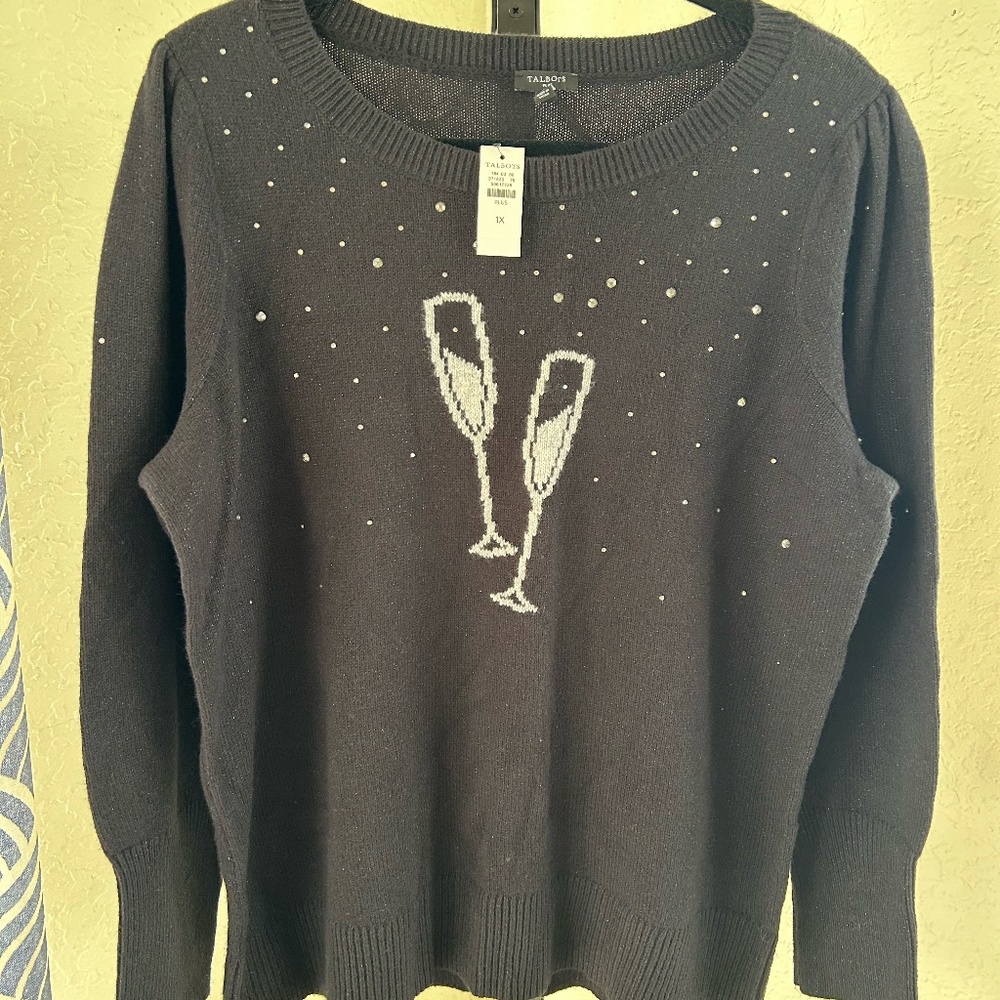 Talbots Holiday Champagne Sweater 1X Black NWT